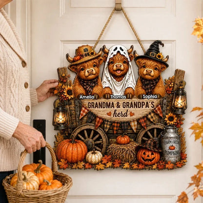 Personalized Wooden Sign with Costumed Highland Cows and Pumpkin Wagon, Unique Fall Gift for Grandparents