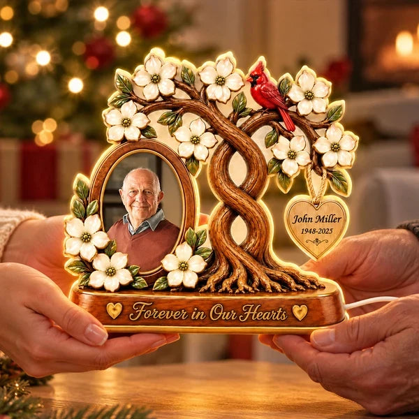 Personalized Acrylic Light Box with Memorial Photo, Flowering Family Tree and Cardinal, Unique Sympathy Gift for Family