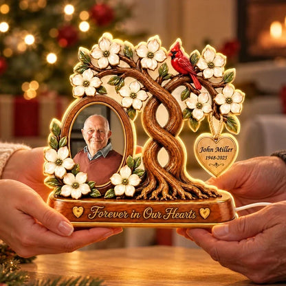 Personalized Acrylic Light Box with Memorial Photo, Flowering Family Tree and Cardinal, Unique Sympathy Gift for Family