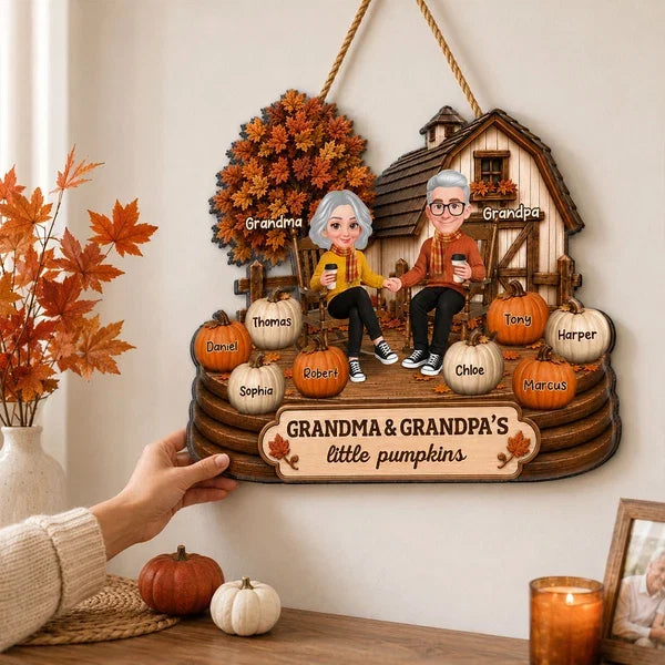 Personalized Wooden Sign, Grandparents Holding Hands on an Autumn Porch, Unique Gift for Grandma & Grandpa