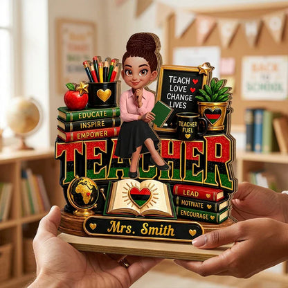 Personalized 2-Layer Wooden Plaque, Sitting Teacher Classroom Art, Unique Creative Gift for Teacher