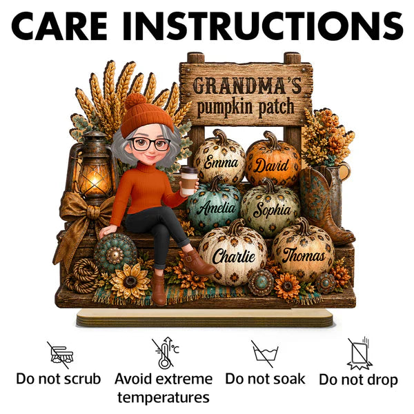 Personalized 2-Layer Wooden Plaque, Grandma Holding Coffee in Pumpkin Patch, Unique Gift for Grandma