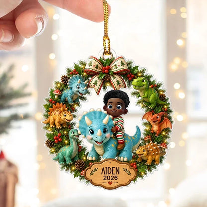 Personalized Acrylic Ornament, Smiling Child Riding a Dinosaur in a Christmas Wreath, Unique Gift for Kids