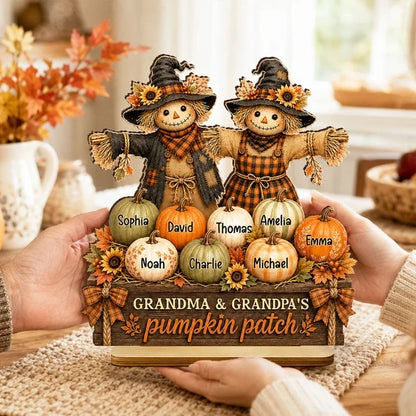 Personalized 2-Layer Wooden Plaque, Grandparent Scarecrows Together in a Pumpkin Patch, Unique Family Gift