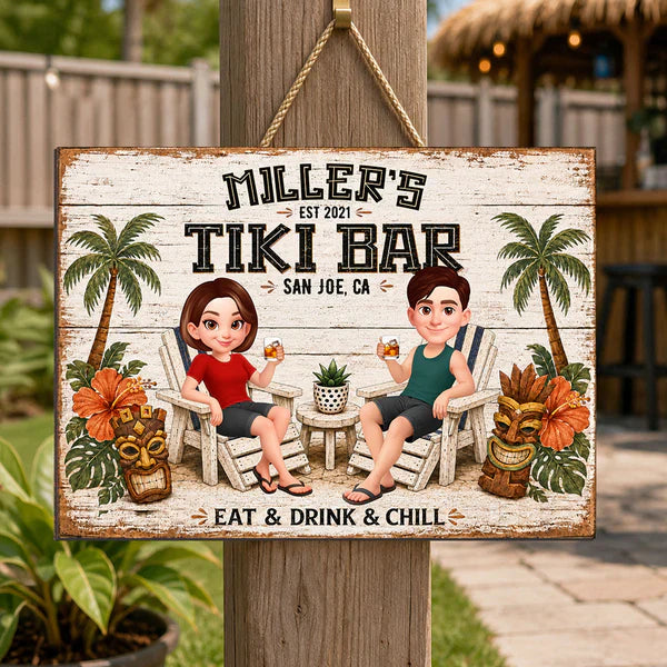 Personalized Tiki Bar Wooden Sign, Cartoon Couple Holding Drinks, Unique Gift For Couples