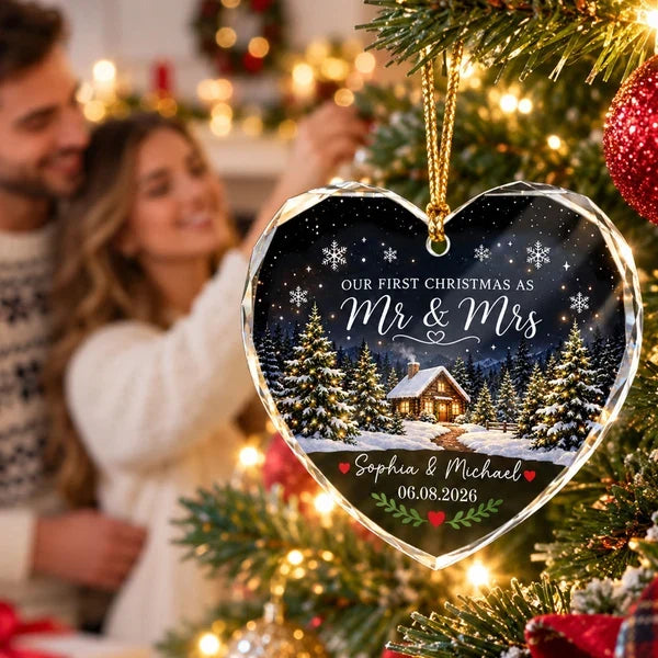 Personalized Crystal Heart Ornament, First Christmas as Mr & Mrs, Snowy Cabin Unique Gift for Couple