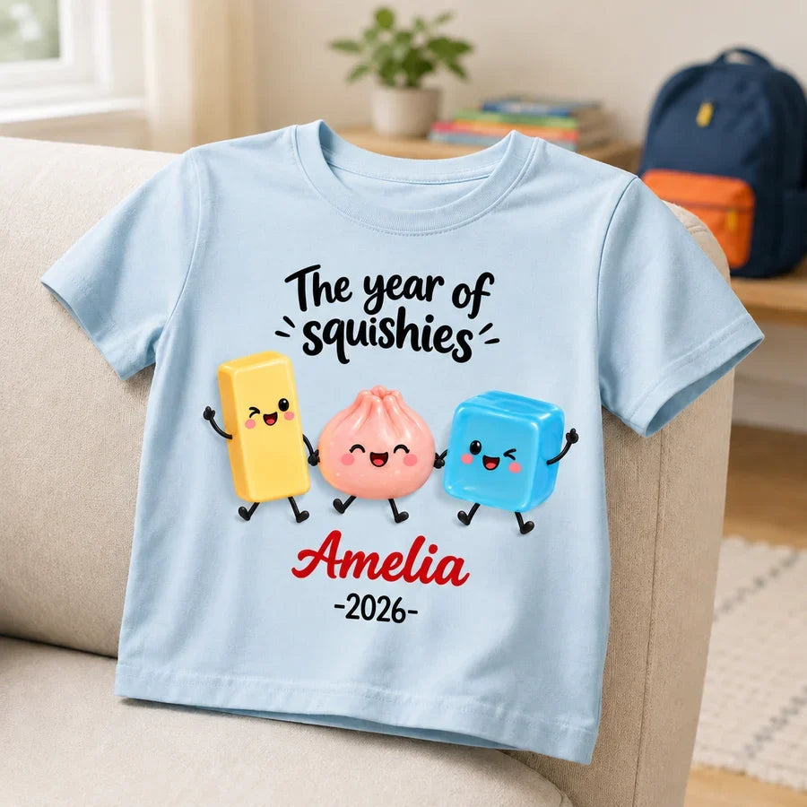Personalized Youth Tee with Colorful Squishy Friends Holding Hands, Unique Gift for Young Squishy Fans