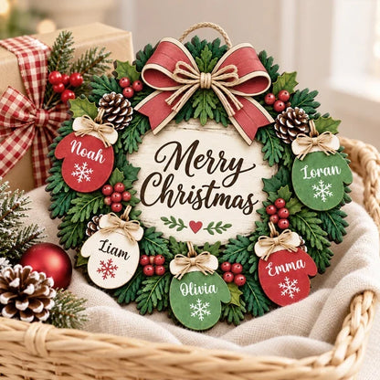 Personalized Christmas Door Sign with Mitten Wreath, Rustic Family Decor, Unique Gift for Grandparents