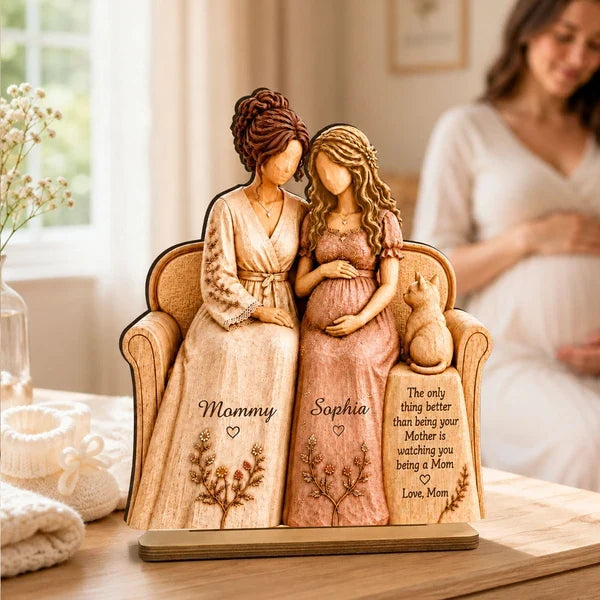 Personalized 2-Layer Wooden Plaque, Seated Mother and Pregnant Daughter, Heartfelt Creative Gift for New Mom