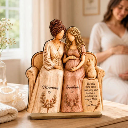 Personalized 2-Layer Wooden Plaque, Seated Mother and Pregnant Daughter, Heartfelt Creative Gift for New Mom