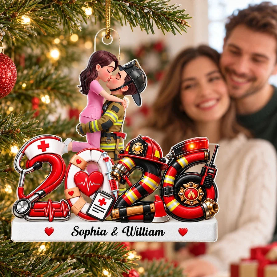 Personalized Acrylic Ornament, Red Illustrated Kissing Nurse & First Responder, Unique Christmas Gift for Couples