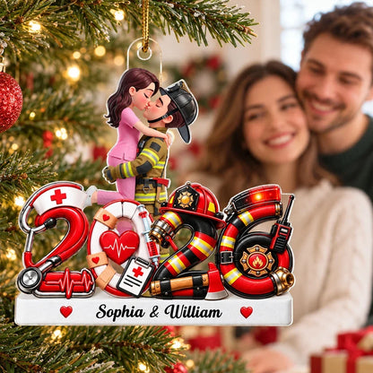 Personalized Acrylic Ornament, Red Illustrated Kissing Nurse & First Responder, Unique Christmas Gift for Couples