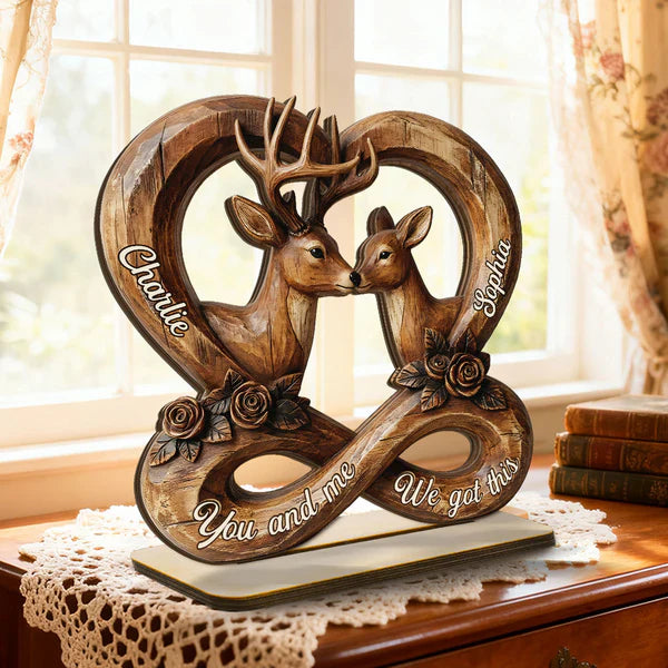 Personalized 2-Layer Wooden Plaque, Rustic Nuzzling Deer Couple, Unique Gift For Couples