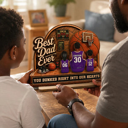 Personalized 2-Layer Wooden Plaque, Basketball Dad & Kids Back-View, Unique Creative Gift for Dad