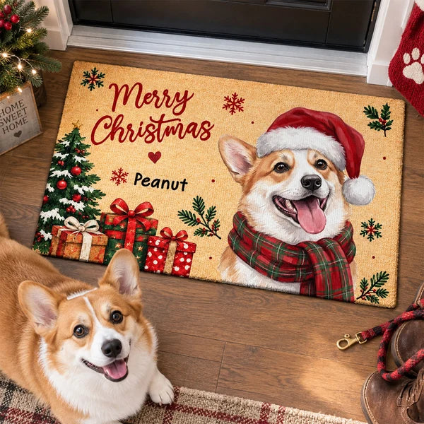Personalized Standard Doormat with Watercolor Dog in Santa Hat, Festive Entryway Decor, Unique Gift for Dog Lovers