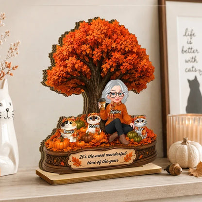 Personalized Wooden Plaque, Woman Sitting with Cats Under an Autumn Tree, Unique Gift for Cat Lovers