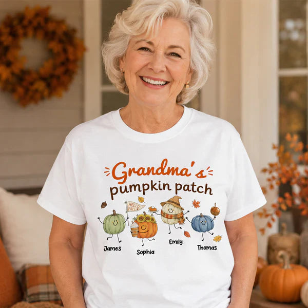 Personalized Grandma Pumpkin Patch Classic Tee, Cute Fall Characters, Unique Gift for Grandma