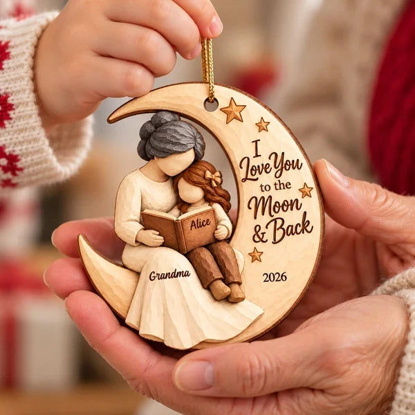 Personalized Wooden Ornament, Grandma & Grandchild Reading on Moon, Unique Christmas Gift for Grandkids