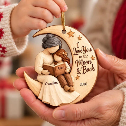 Personalized Wooden Ornament, Grandma & Grandchild Reading on Moon, Unique Christmas Gift for Grandkids