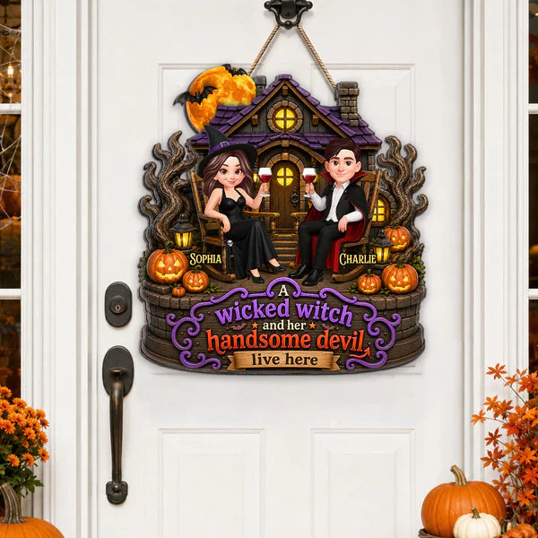 Personalized Wooden Sign, Seated Witch & Devil Haunted House Halloween Decor, Unique Gift For Couple