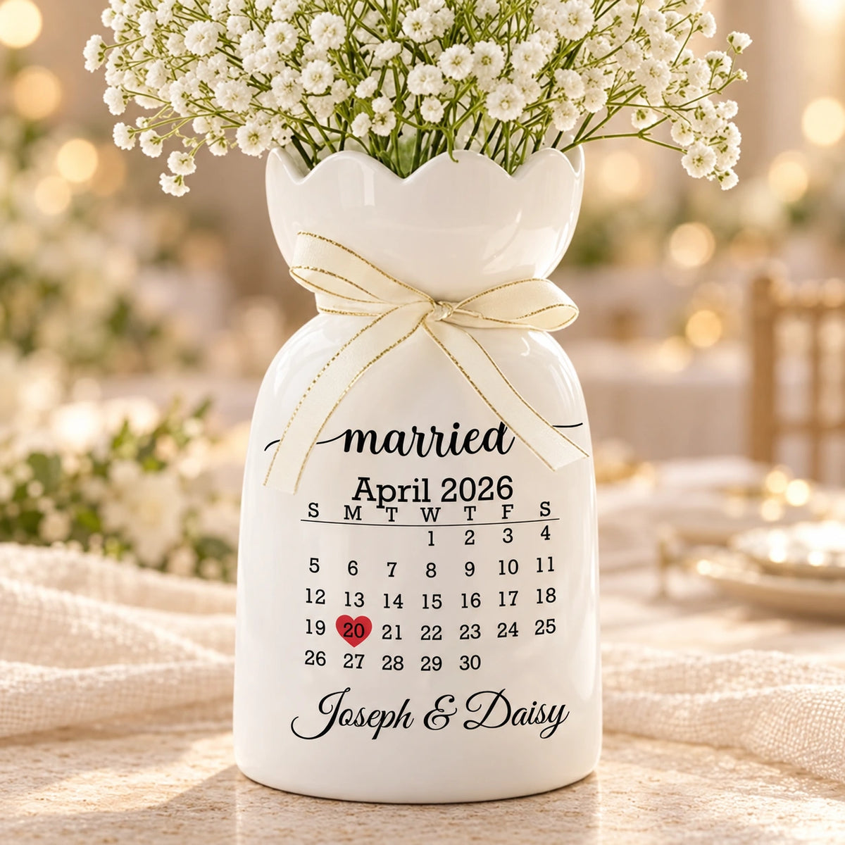 Personalized Wedding Date Calendar Mug or Vase, Custom Names & Heart, Romantic Anniversary Gift for Couples