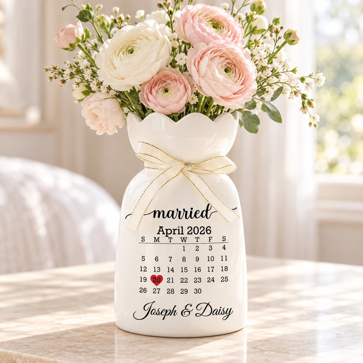 Personalized Wedding Date Calendar Mug or Vase, Custom Names & Heart, Romantic Anniversary Gift for Couples