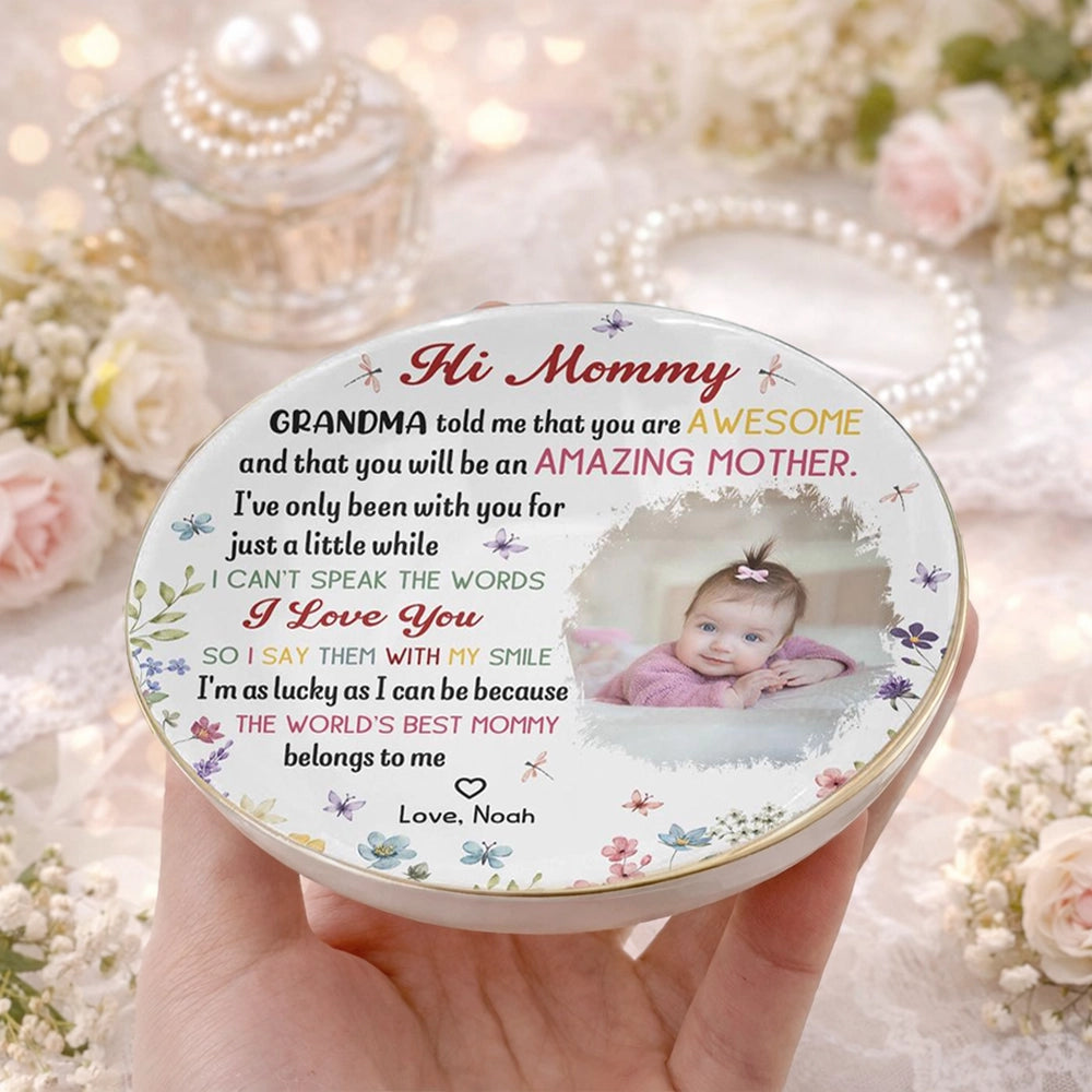 Hi Mommy Round Jewelry Dish, Personalized Baby Photo Keepsake, Heartwarming Jewelry Storage, Thoughtful Gift for New Mom