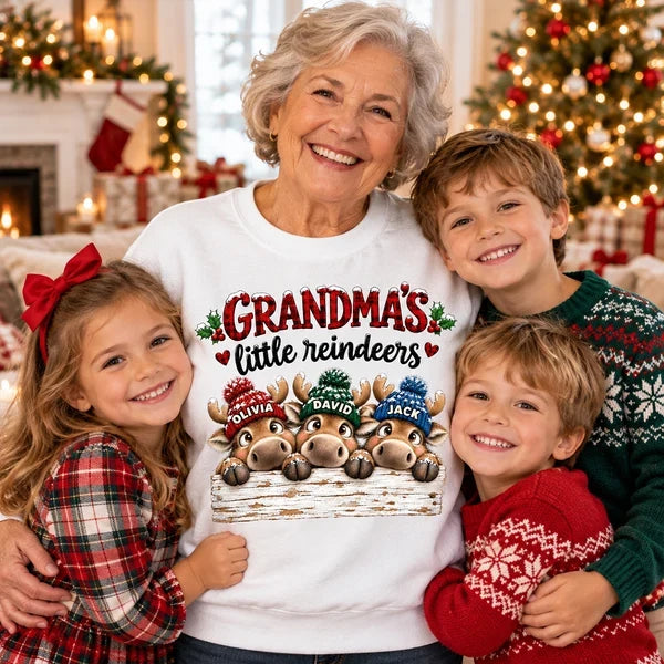 Personalized Grandma Sweatshirt with Cute Peeking Reindeer, Red Plaid Christmas Design, Unique Gift for Grandma