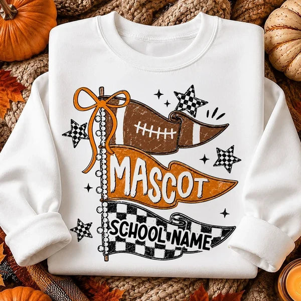 Custom Classic Tee with Red Football Pennants and Checkered Stars, Creative Game Day Gift for School Sports Fans