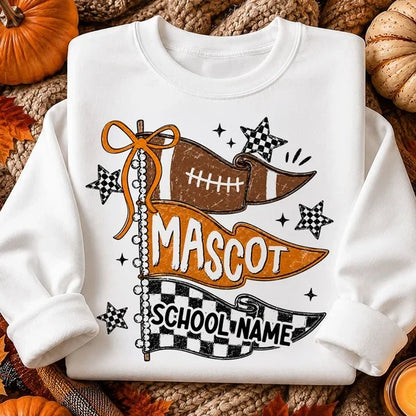 Custom Classic Tee with Red Football Pennants and Checkered Stars, Creative Game Day Gift for School Sports Fans
