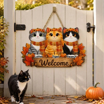 Personalized Wooden Sign, Cozy Cartoon Cats in Autumn Leaves, Creative Housewarming Gift for Cat Owners