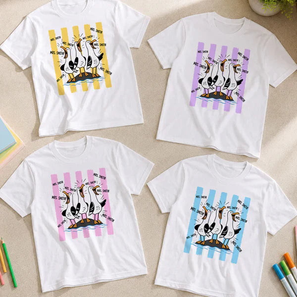 Personalized Classic Tee With Cartoon Seagulls Yelling, Unique Back To School Teacher Gift