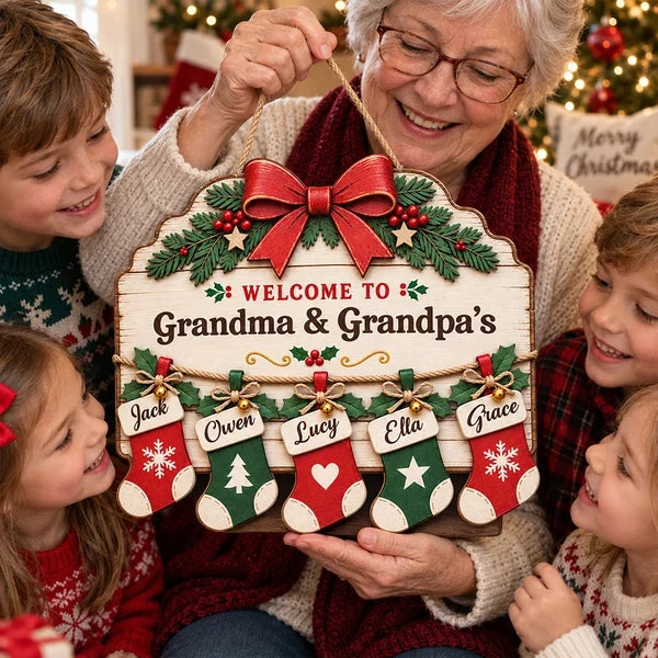 Personalized Wooden Sign with Family Stockings, Rustic Christmas Decor, Unique Gift for Grandparents