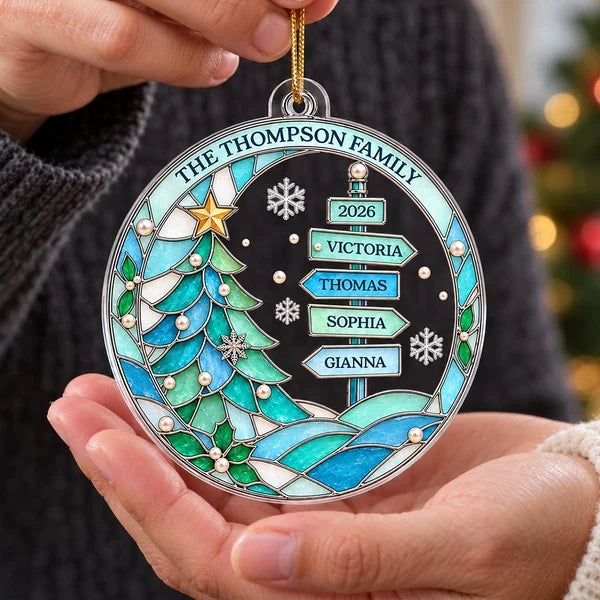 Personalized Acrylic Ornament, Blue Family Signpost and Snowy Tree Christmas Decor, Unique Gift for Parents
