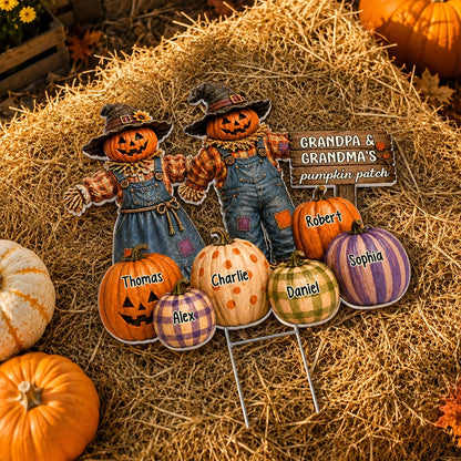 Personalized Shaped Yard Sign, Holding-Hands Pumpkin Scarecrows in Warm Fall Colors, Creative Gift for Grandparents