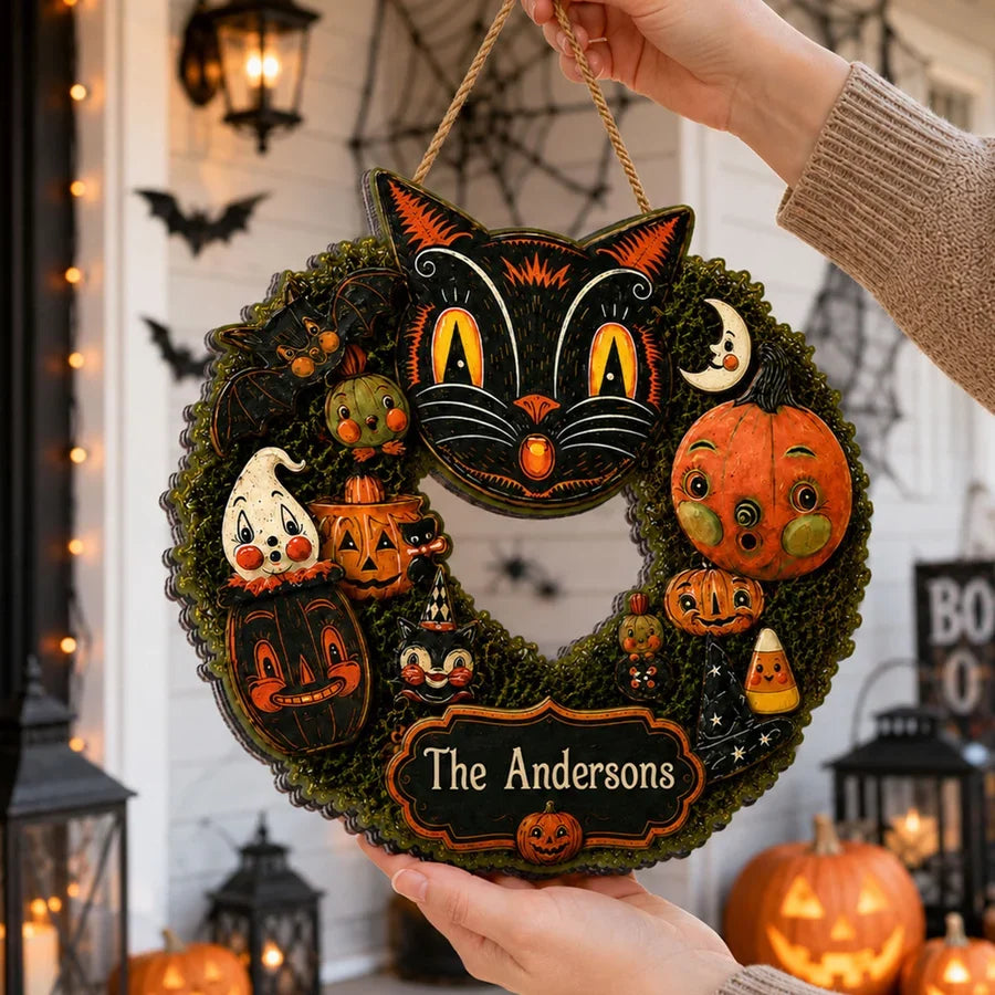 Personalized Wooden Sign, Whimsical Black Cat Halloween Keepsake, Creative Gift for Cat Lovers
