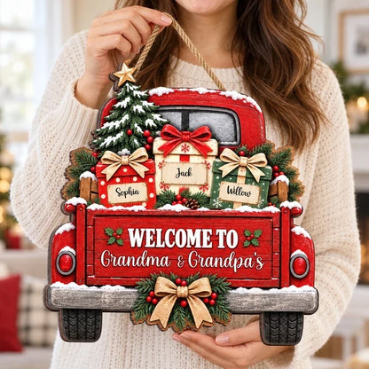 Personalized Wooden Sign with Snowy Red Christmas Truck, Unique Gift for Grandma & Grandpa