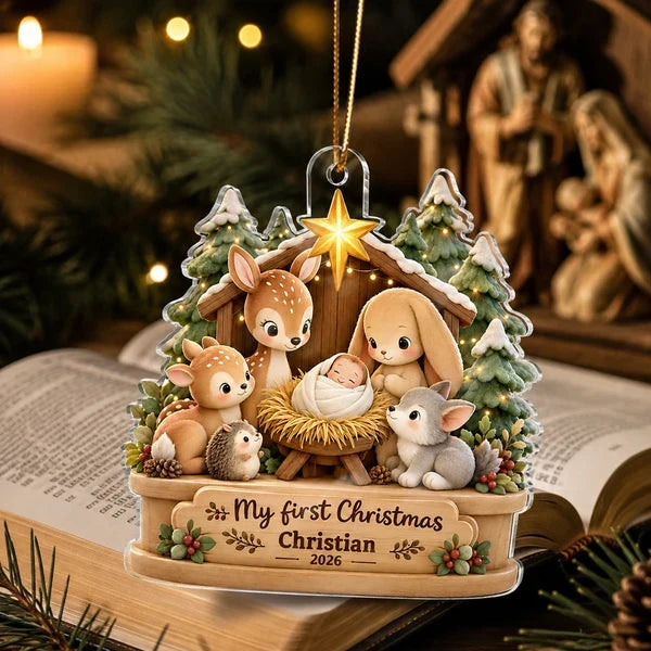 Personalized Acrylic Ornament, My First Christmas Snowy Woodland Scene in Warm Neutrals, Unique Baby Keepsake Gift