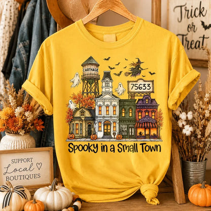 Personalized Classic Tee, Halloween Nostalgia with Flying Witch Over an Autumn Town, Creative Gift for Friends and Family