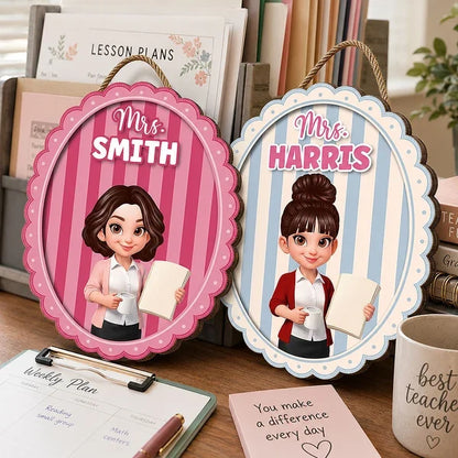Personalized Wooden Sign for Teacher, Pink Cartoon Classroom Door Decor, Creative Gift for Back to School