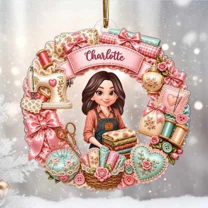 Personalized Acrylic Ornament, Crafting Woman Holding Fabric, Unique Sewing Gift for Mom, Wife or Sister