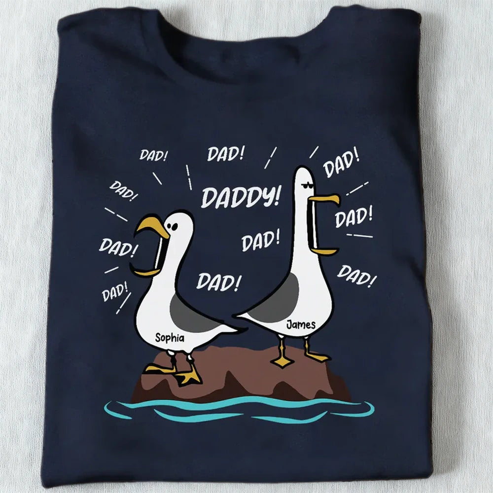 Classic Tee for Dad With Cartoon Seagulls and Daddy Text, Creative Father's Day Gift