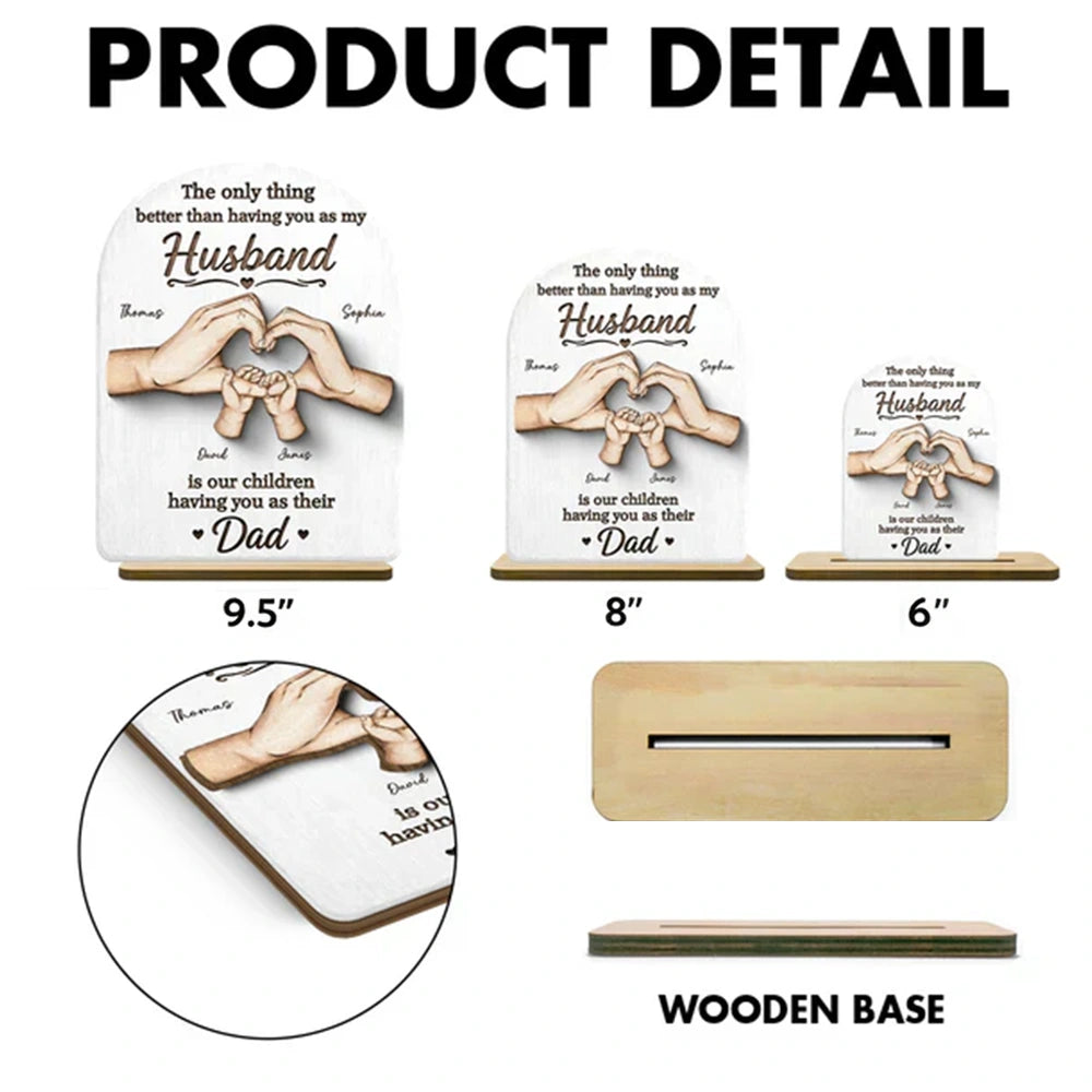 Personalized 2-Layer Wooden Plaque, Family Hands Illustration, Unique Gift for Husband & Dad