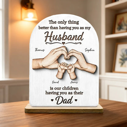 Personalized 2-Layer Wooden Plaque, Family Hands Illustration, Unique Gift for Husband & Dad