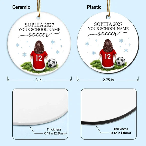 Personalized Ceramic Ornament, Seated Soccer Player in Red Jersey, Unique Christmas Gift for Athletes