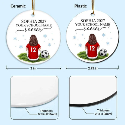 Personalized Ceramic Ornament, Seated Soccer Player in Red Jersey, Unique Christmas Gift for Athletes