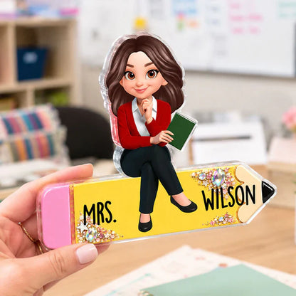 Personalized Shaped Acrylic Block Plaque, Teacher Sitting On Pencil, Unique Gift For Teacher Desk Decor
