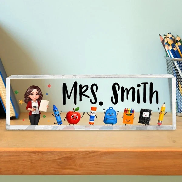 Personalized Rectangle Acrylic Block Plaque, Teacher Holding Coffee, Colorful School Supplies, Unique Teacher Gift