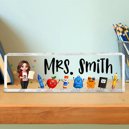 Personalized Rectangle Acrylic Block Plaque, Teacher Holding Coffee, Colorful School Supplies, Unique Teacher Gift