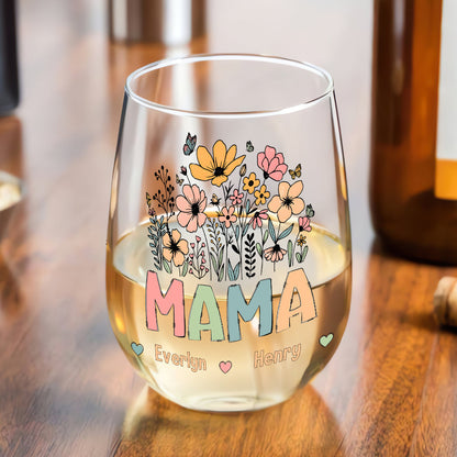Personalized Wine Glass for Grandma with Colorful Flower Design, Customizable with Names of Grandchildren, Ideal Gift for Grandmothers on Special Occasions